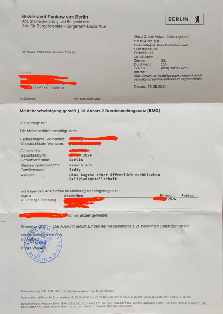 Meldebescheinigung үлгісі